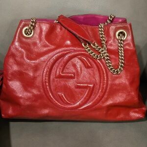 Gucci Red Leather Shoulder Bag with Gold Chain Detail